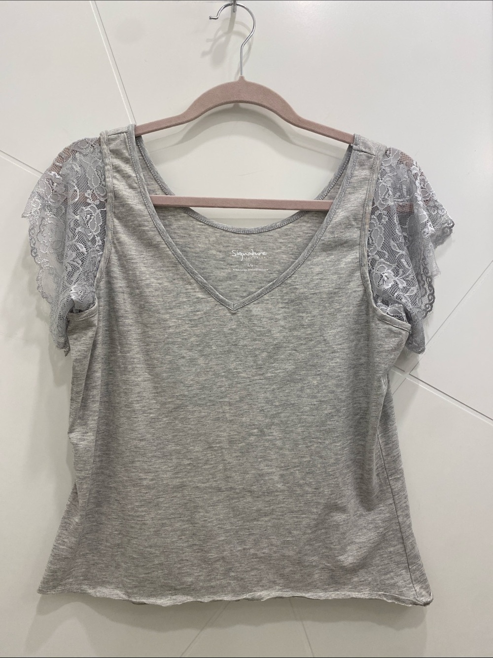 Signature Grey V-Neck Tee with Lace Cap Sleeves